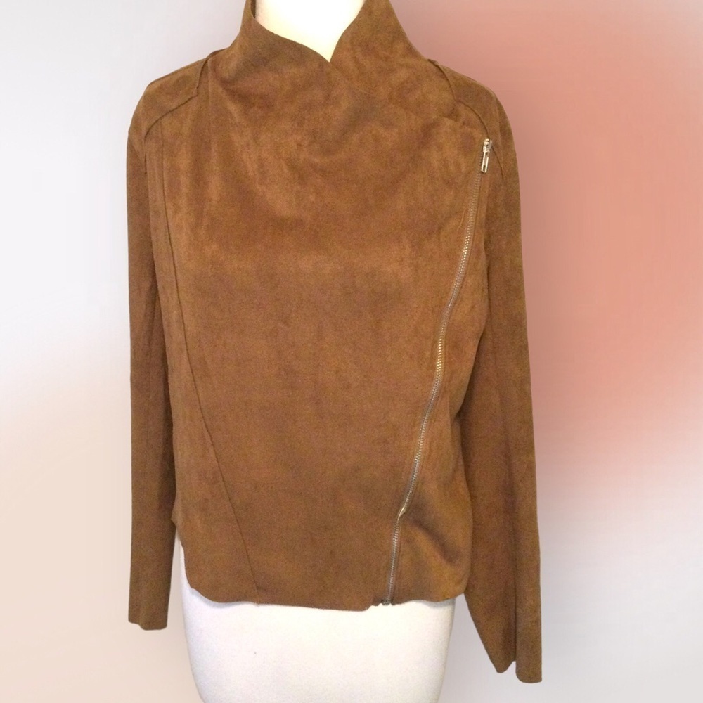 Umgee Tan Faux Suede Asymmetrical Zip Moto Jacket Size S NWOT